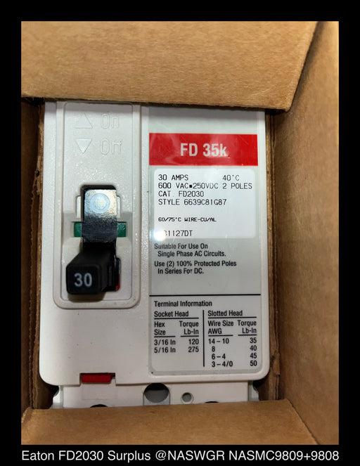 Eaton FD2030 Molded Case Circuit Breaker - 30 Amp - Unused