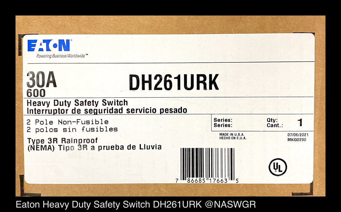 Eaton DH261URK Heavy Duty Safety Switch - 30A/600V/2P/N3R - Unused