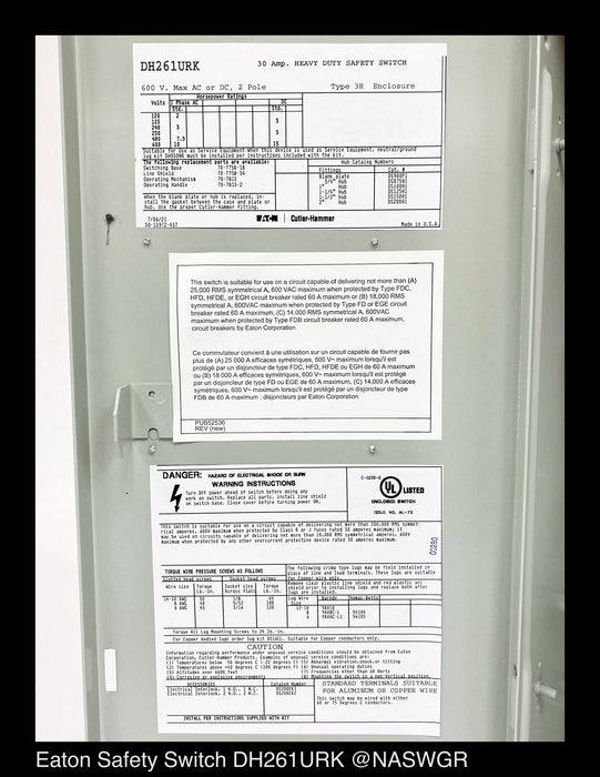 Eaton DH261URK Heavy Duty Safety Switch - 30A/600V/2P/N3R - Unused