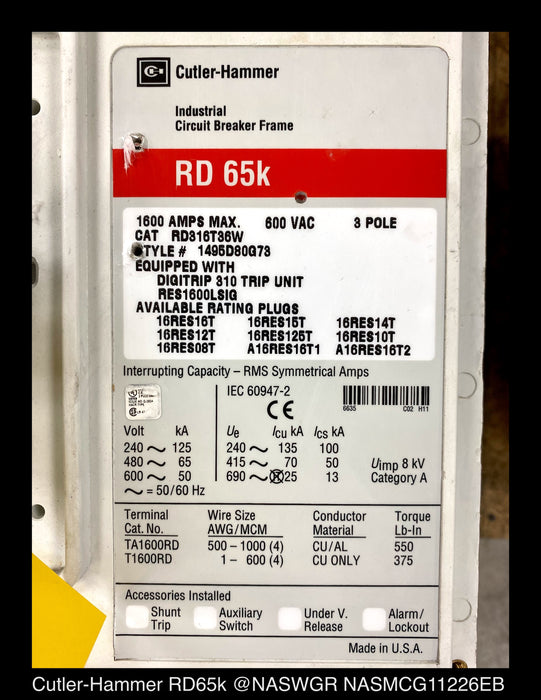 Cutler Hammer RD316T36W Molded Case Circuit Breaker - 1600 Amp