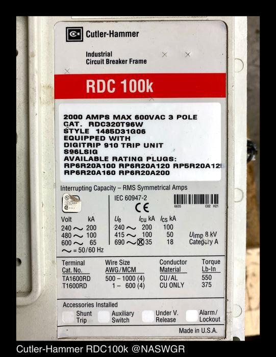 Cutler Hammer RDC320T96W Molded Case Circuit Breaker - 2000 Amp