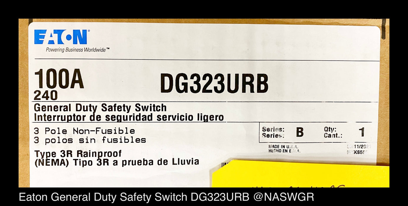 Eaton DG323URB General Duty Safety Switch - 100A/240V/3P/N3R - Unused