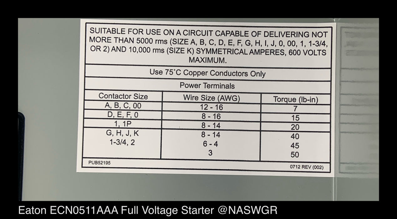 Eaton ECN0511AAA NEMA Freedom Line Enclosed Control - 30A/SIZE1/120vAC - Unused