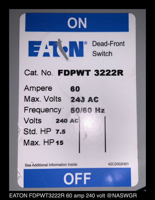 Eaton FDPWT3222R Fusible Panelboard Switch - 60/60 Amp - Unused