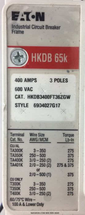 Eaton HKDB3400FT36ZGW Molded Case Circuit Breaker - 400 Amp