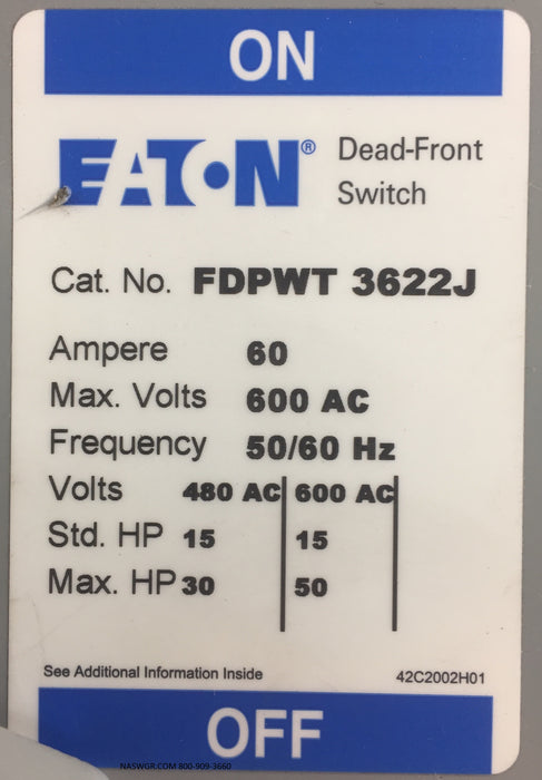 Eaton FDPWT3622J Fusible Panelboard Switch - 60/60 Amp - Unused