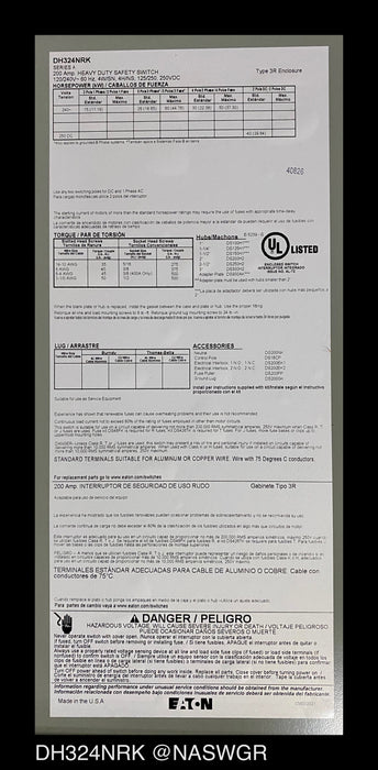 Eaton DH324NRK Heavy Duty Safety Switch - 200A/240V/3P4W/N3R - Unused