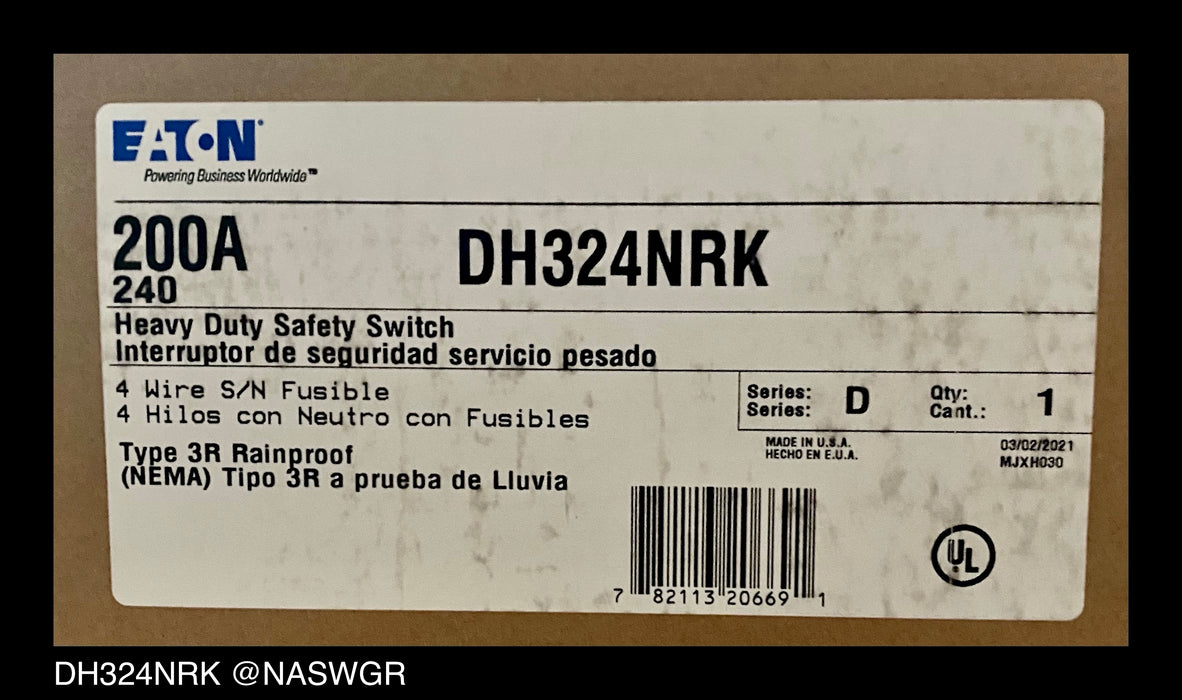 Eaton DH324NRK Heavy Duty Safety Switch - 200A/240V/3P4W/N3R - Unused