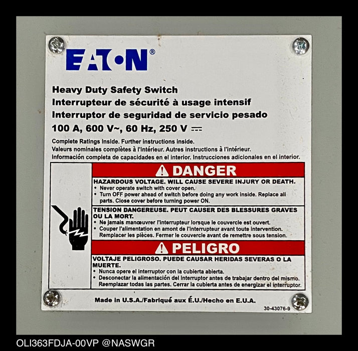 Eaton OLI363FDJA-00VP Heavy Duty Safety Switch - 100A/600V/3P/N12 - Unused