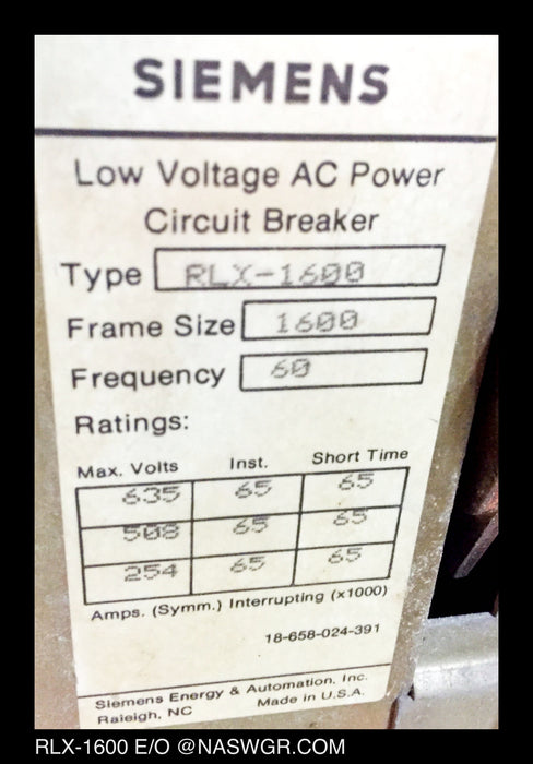 Siemens RLX-1600 Circuit Breaker (E/O,D/O) - 1600 Amp