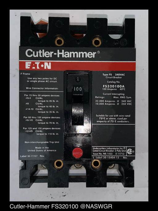 Cutler Hammer FS320100A Molded Case Circuit Breaker ~ 100 Amp