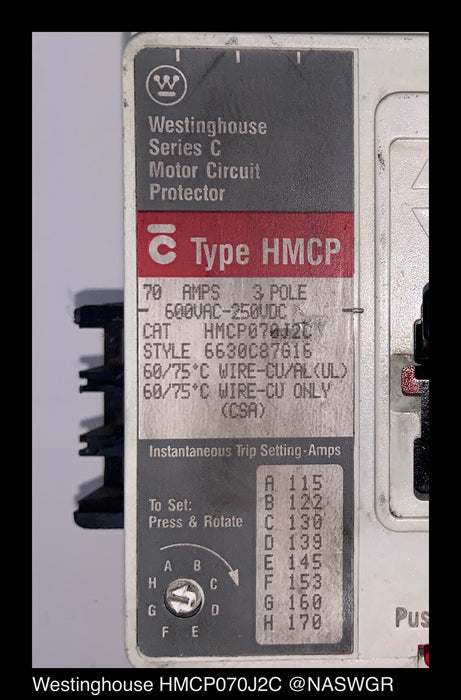 Westinghouse HMCP070J2C Circuit Breaker 70 Amps