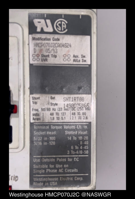 Westinghouse HMCP070J2C Circuit Breaker 70 Amps