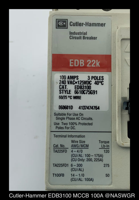 Cutler Hammer EDB3100 Molded Case Circuit Breaker - 100 Amp