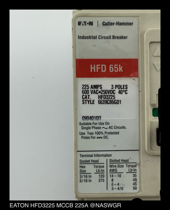 Eaton HFD3225 Molded Case Circuit Breaker ~ 225 Amp