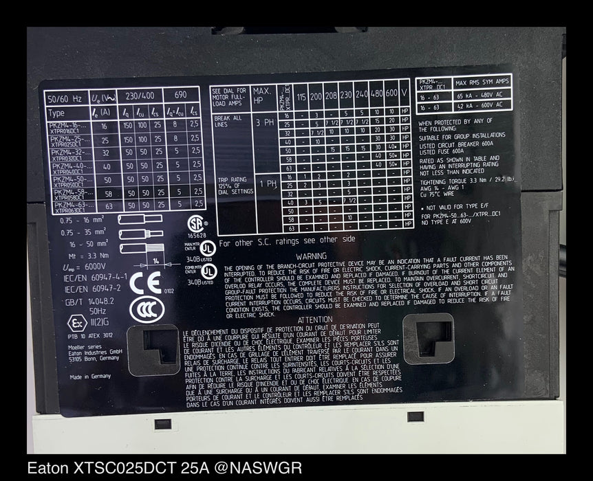 Eaton XTSC025DCT Manual Motor Controller - 25 Amp/24vAC Coil - Unused