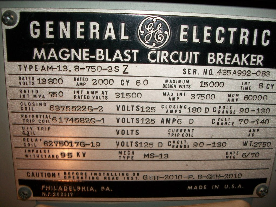 GE Magneblast AM13.8-750-3SZ Circuit Breaker (E/O,D/O) - 2000 Amp