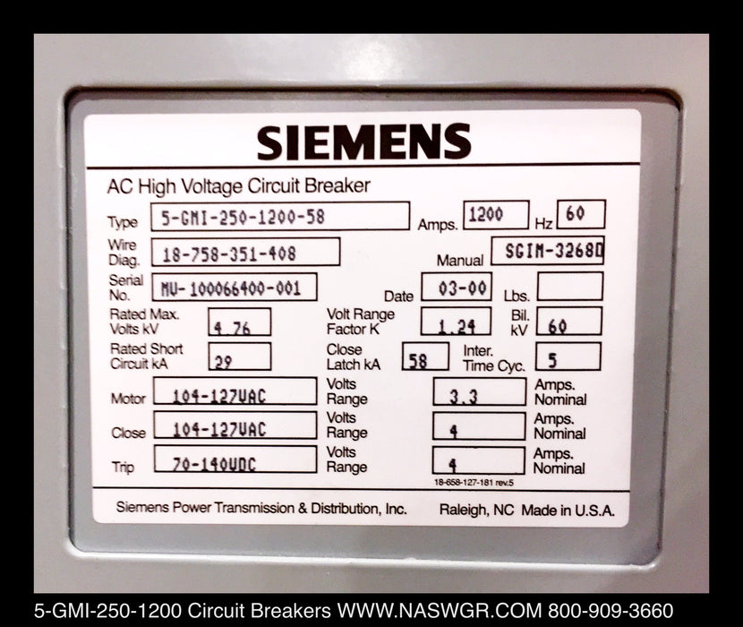 Siemens 5-GMI-250-1200-58 Vacuum Circuit Breaker (E/O,D/O) - 1200 Amp