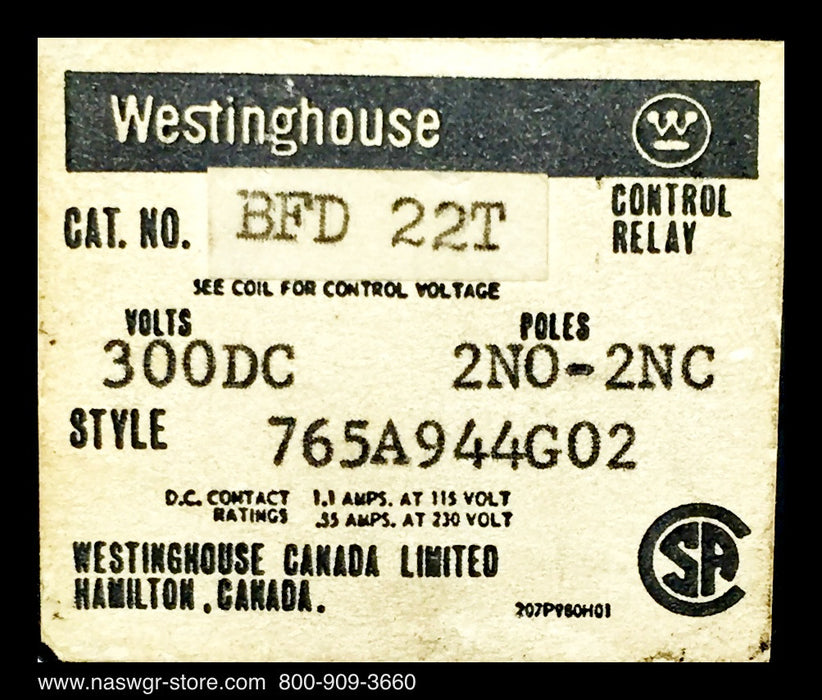 Westinghouse BFD22T Control Relay ~ 765A944G02