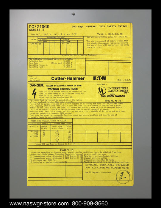 Cutler Hammer DG324NGK General Duty Safety Switch - 200A/240V/3P4W/N1