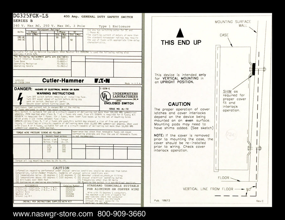 Cutler Hammer / Eaton DG325FGK-LS General Duty Safety Switch - 400A/240V/3P4W/N1