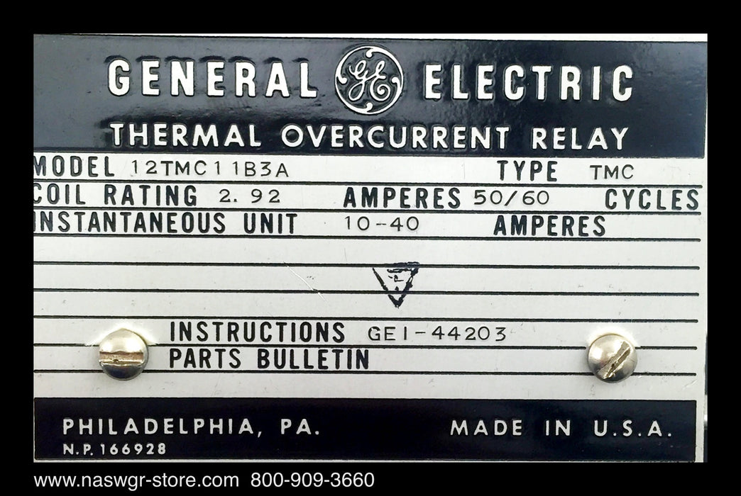 General Electric 12TMC11B3A Thermal Overcurrent Relay - 2.92 Amp