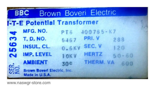 PT-6 400765-K7 ~ ITE PT-6 400765 Potential Transformer ~ 600 Amps