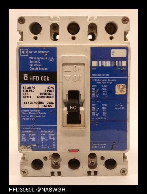 Cutler Hammer HFD3060L Molded Case Circuit Breaker ~ 60 Amp