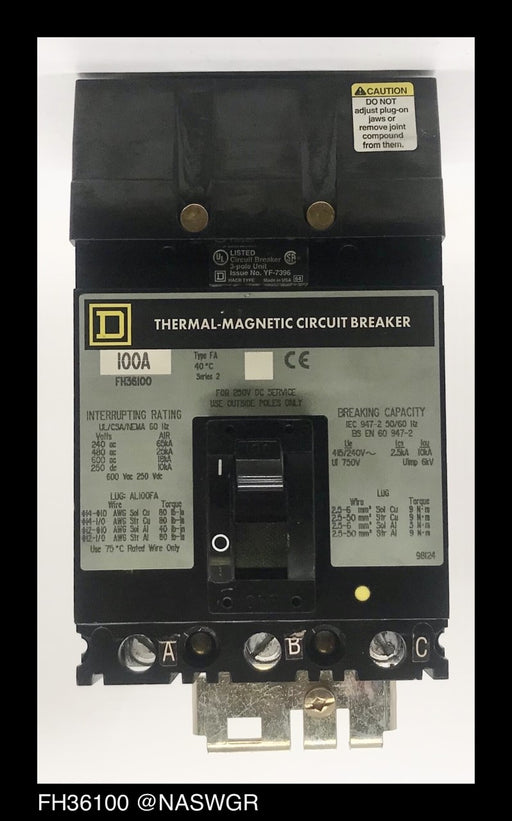 Square D FH36100 Molded Case Circuit Breaker ~ 100 Amp