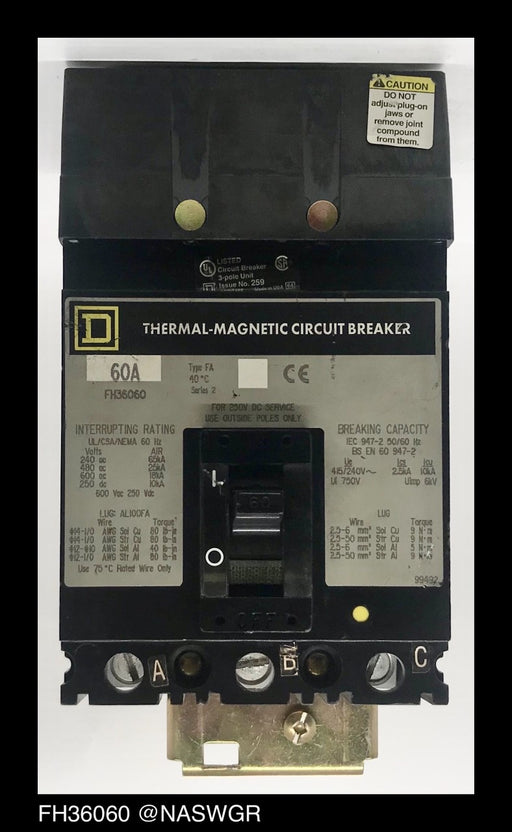 Square D FH36060 Molded Case Circuit Breaker ~ 60 Amp