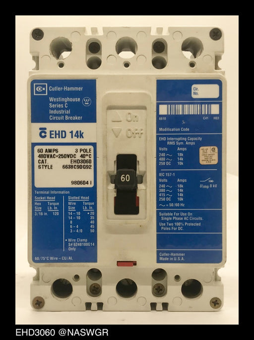 Cutler Hammer EHD3060 Molded Case Circuit Breaker ~ 60 Amp